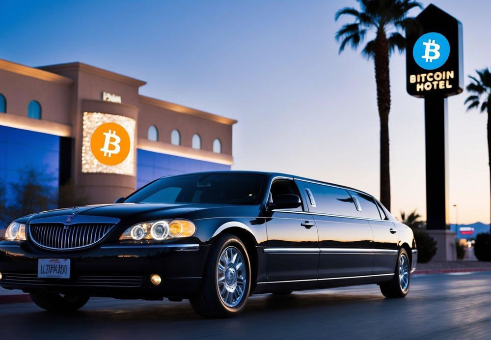 A sleek limousine pulls up to a Las Vegas hotel, with a digital Bitcoin payment symbol displayed on its exterior