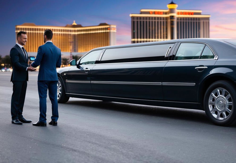 A sleek limousine pulls up to a Las Vegas hotel, with the iconic strip in the background. The driver and passenger exchange a digital payment using Bitcoin