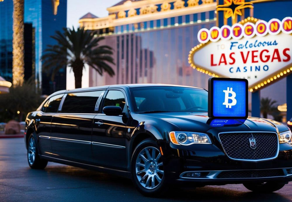A sleek limousine parked in front of a Las Vegas casino, with a digital Bitcoin payment sign displayed prominently on the vehicle