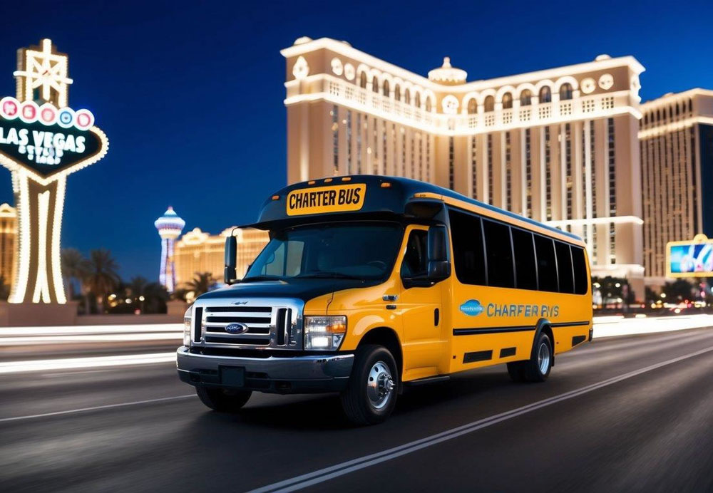 A charter bus driving through the Las Vegas Strip, with bright lights and towering hotels in the background