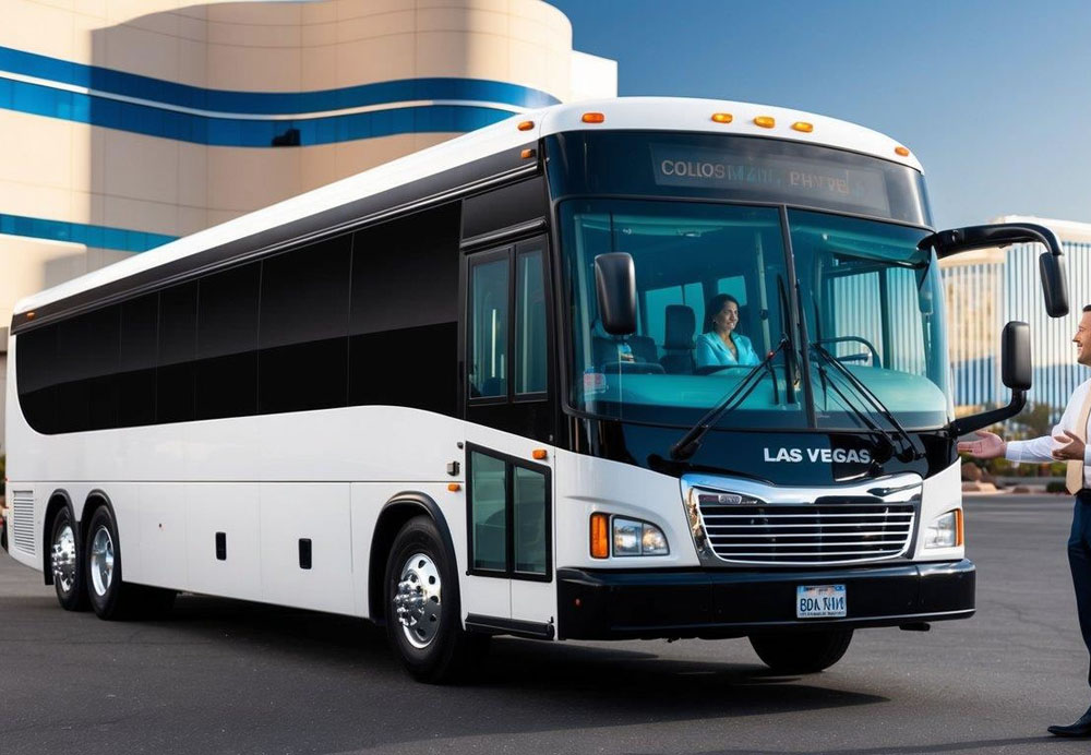 A charter bus parked in front of a convention center in Las Vegas, with a customer service representative greeting passengers and showcasing the various amenities inside the bus